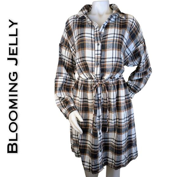 Blooming Jelly Flannel Shirt Dress XL Brown Plaid Stretch Cowgirl Western NEW - Picture 1 of 9